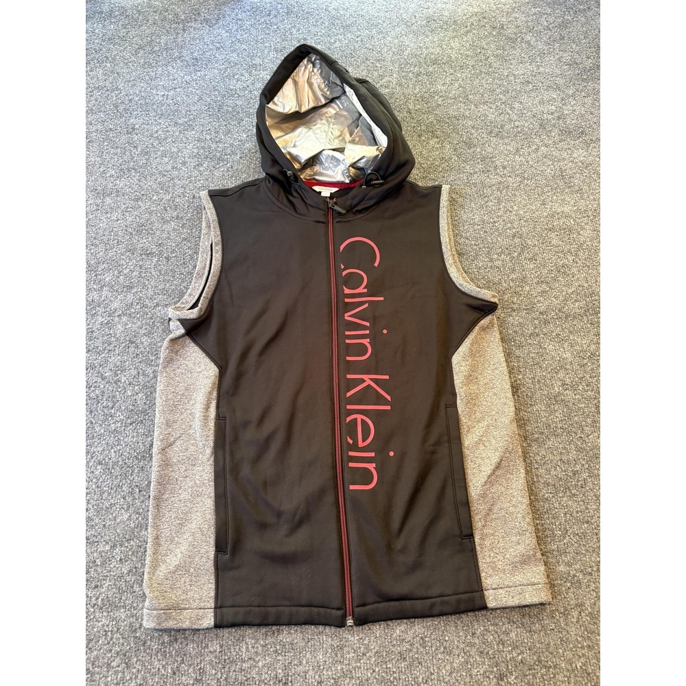 Calvin Klein Vest Mens Medium Black Gray Hooded Zip Logo‎ Insulated Sleeveless